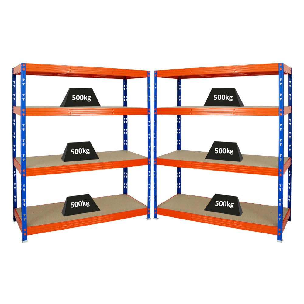 SCHWERLASTREGAL Rhino 2er-Set mit 2x 180x160x60 cm 4 Spanplatten-Ebenen 8mm Fachlast 500 kg Blau-Orange - Orange, Metall (320/180/60cm) - PROREGAL