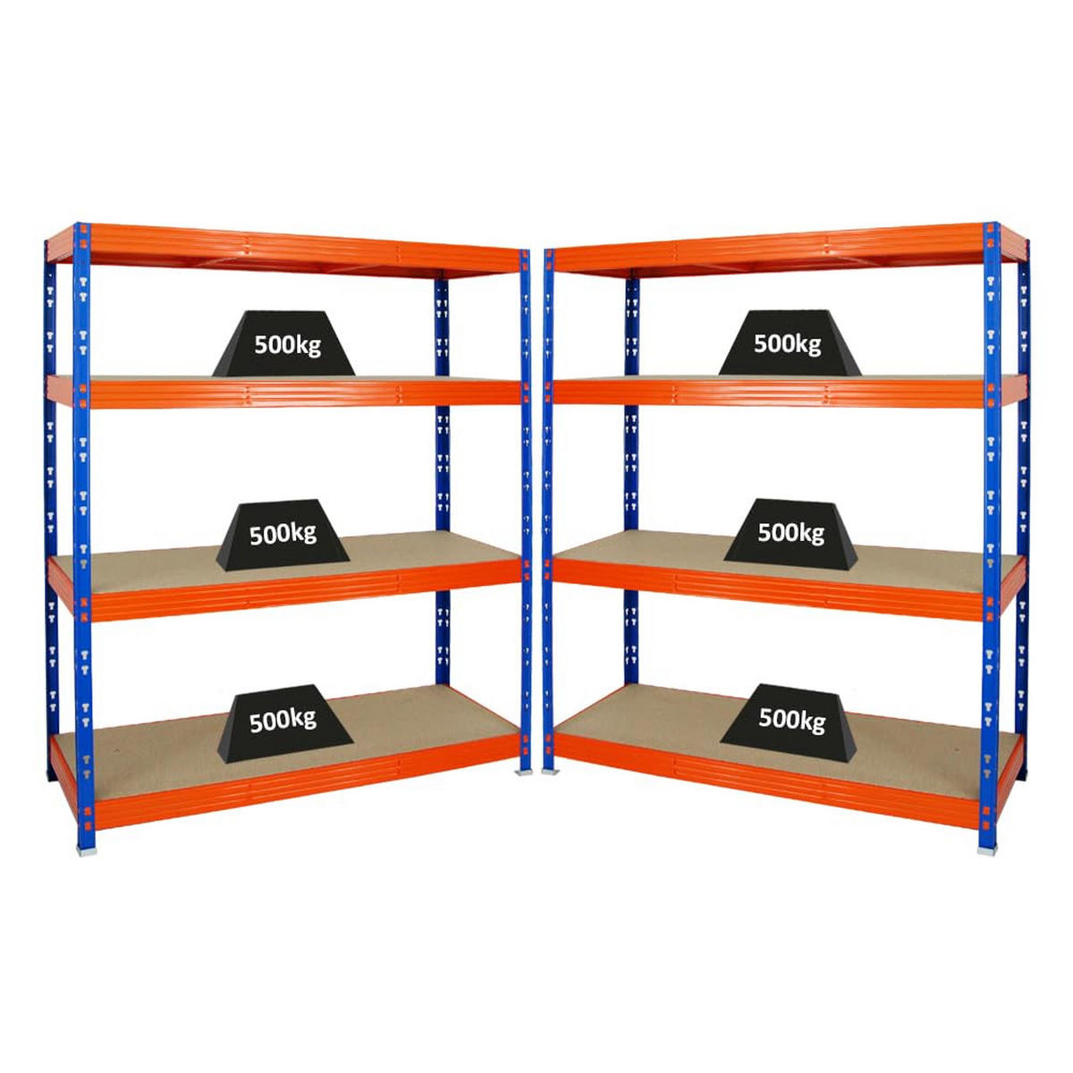 SCHWERLASTREGAL Rhino 2er-Set mit 2x 180x160x60 cm 4 Spanplatten-Ebenen 8mm Fachlast 500 kg Blau-Orange - Orange, Metall (320/180/60cm) - PROREGAL