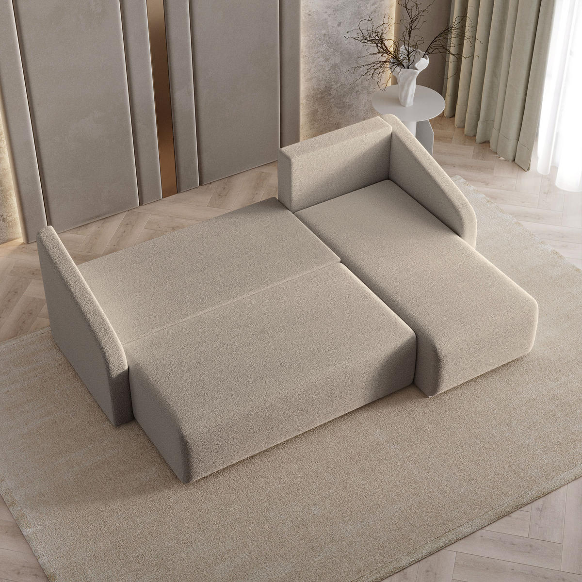 ECKSOFA MARELLO Beige Boucle-Stoff mit Schlaffunktion - Beige, Holz (220/143cm) - MASSENO