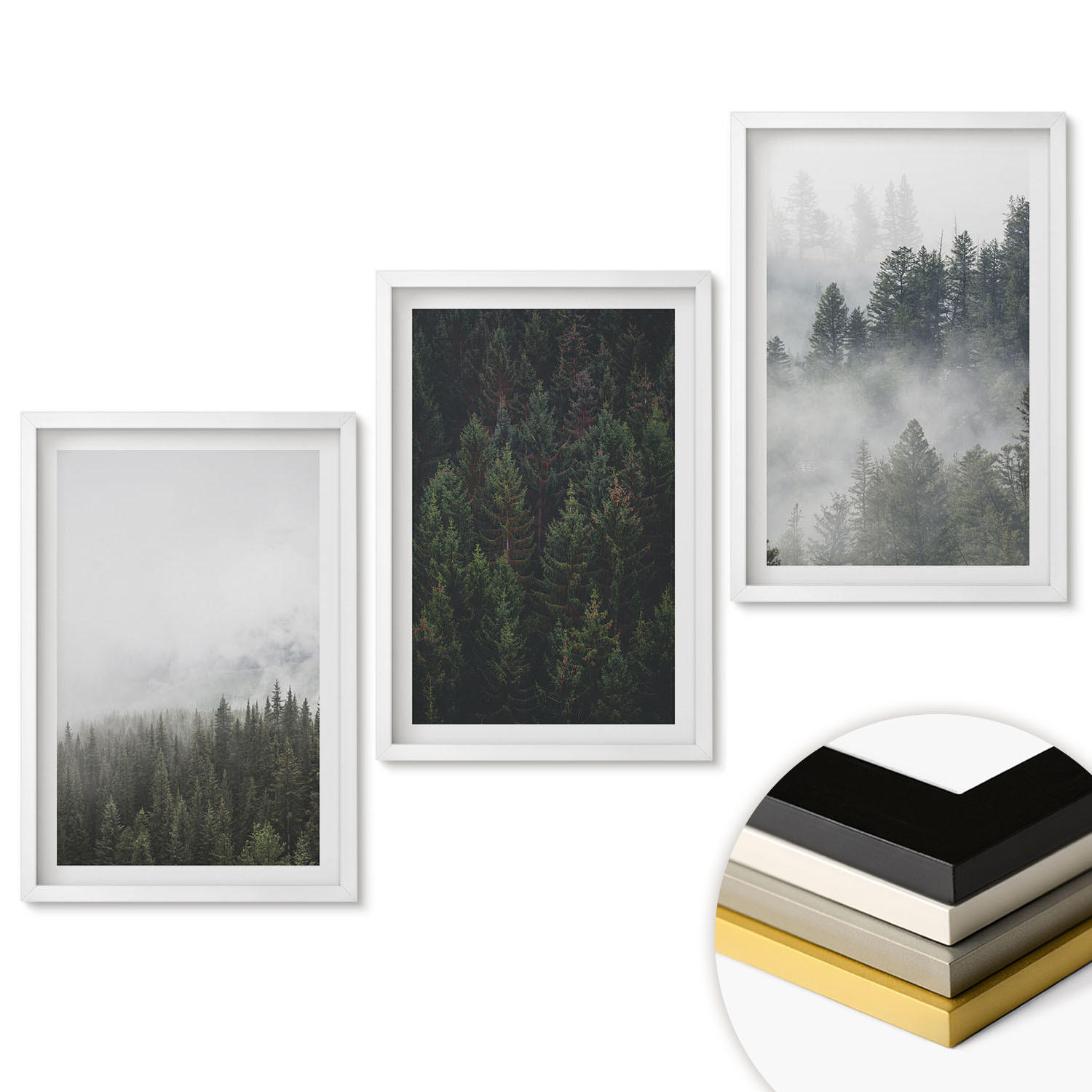 WANDBILDER 3er-Set - 40x60 cm Weißer Rahmen - Grüne Wälder Nebel Natur - Weiß, Kunststoff (40/60cm) - ArtPrintCave