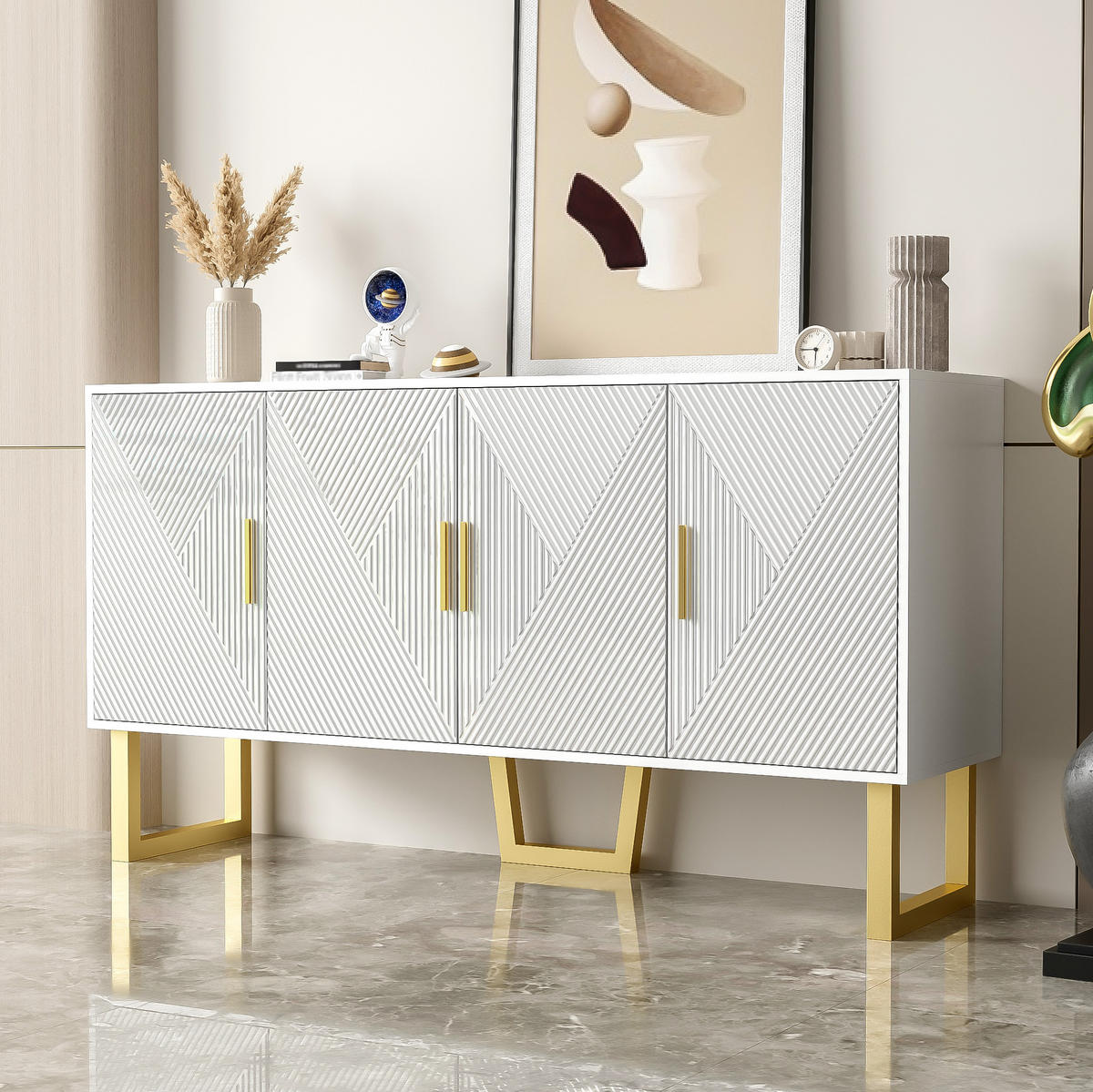 SIDEBOARD 150/40/82 cm in Weiß Hochglanz mit 4 Türen & verstellbaren Einlegeböden - Weiß, Holzwerkstoff (150/82/40cm) - BEAOK