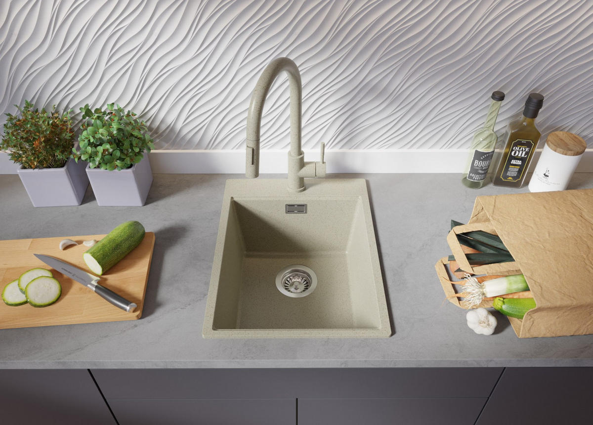 SPÜLBECKEN Oslo, 2-er set Beige 38/50 cm 1 Becken + Ablauf-Set + Schneidebrett ab 40er Unterschrank - Beige, Kunststoff (38/20/50cm) - Primagran