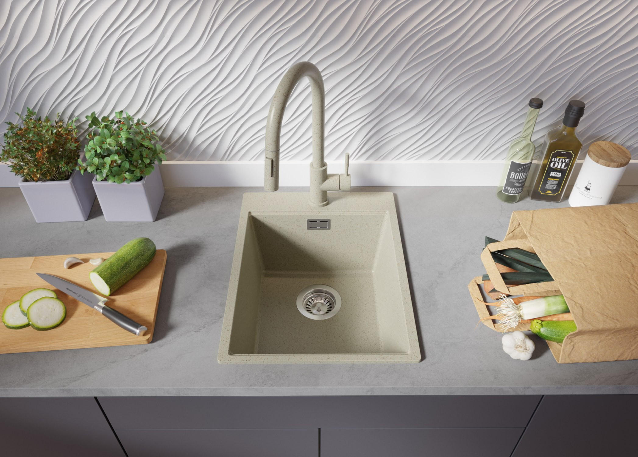 Thumbnail - Primagran Granitspüle, Beige, Chrom, Beige, Beige, Kunststoff, Rechteckig, 38x20x50 cm, Küchen, Küchenausstattung, Küche...