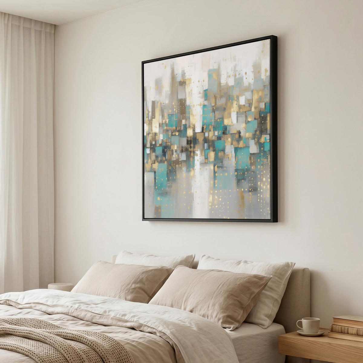 LEINWAND Bilder mit Rahmen - Abstrakt - Blöcke - Gold - Skyline - 90x90 - Beige, Textil (90/90cm) - MuchoWow