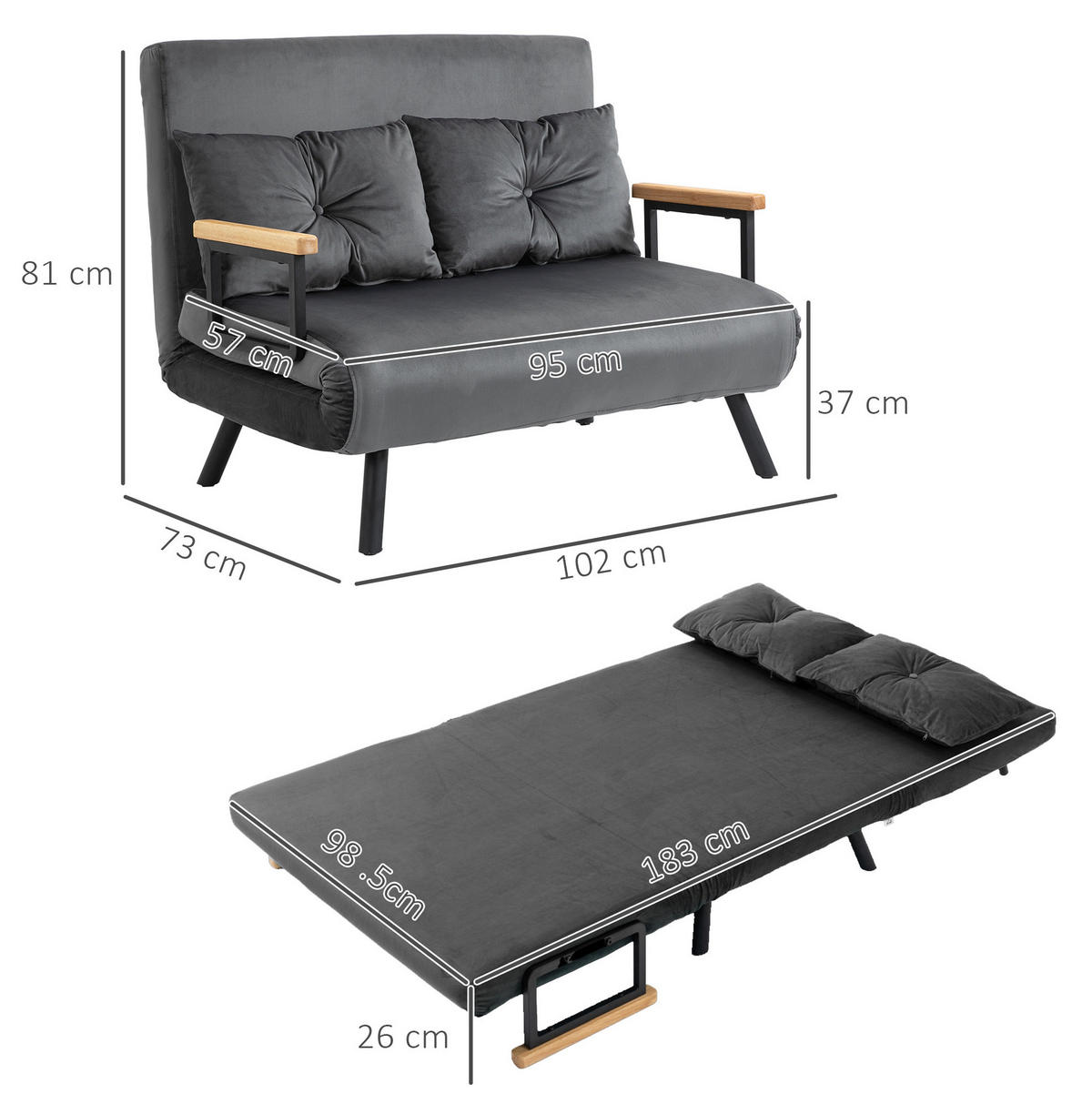 SCHLAFSESSEL 102/73/81 cm mit Liegefläche 98,5/183 cm, 5-fach verstellbar - Dunkelgrau, Metall (102/81/73cm) - BEAOK