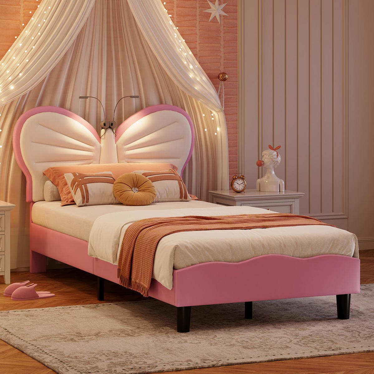 KINDERBETT 90x200 cm, Samt, Weiß und Rosa, mit LED-Leselampe und Lattenrost, Schmetterlings-Kopfteil - Rosa, Holz (90/200cm) - WoodenAura