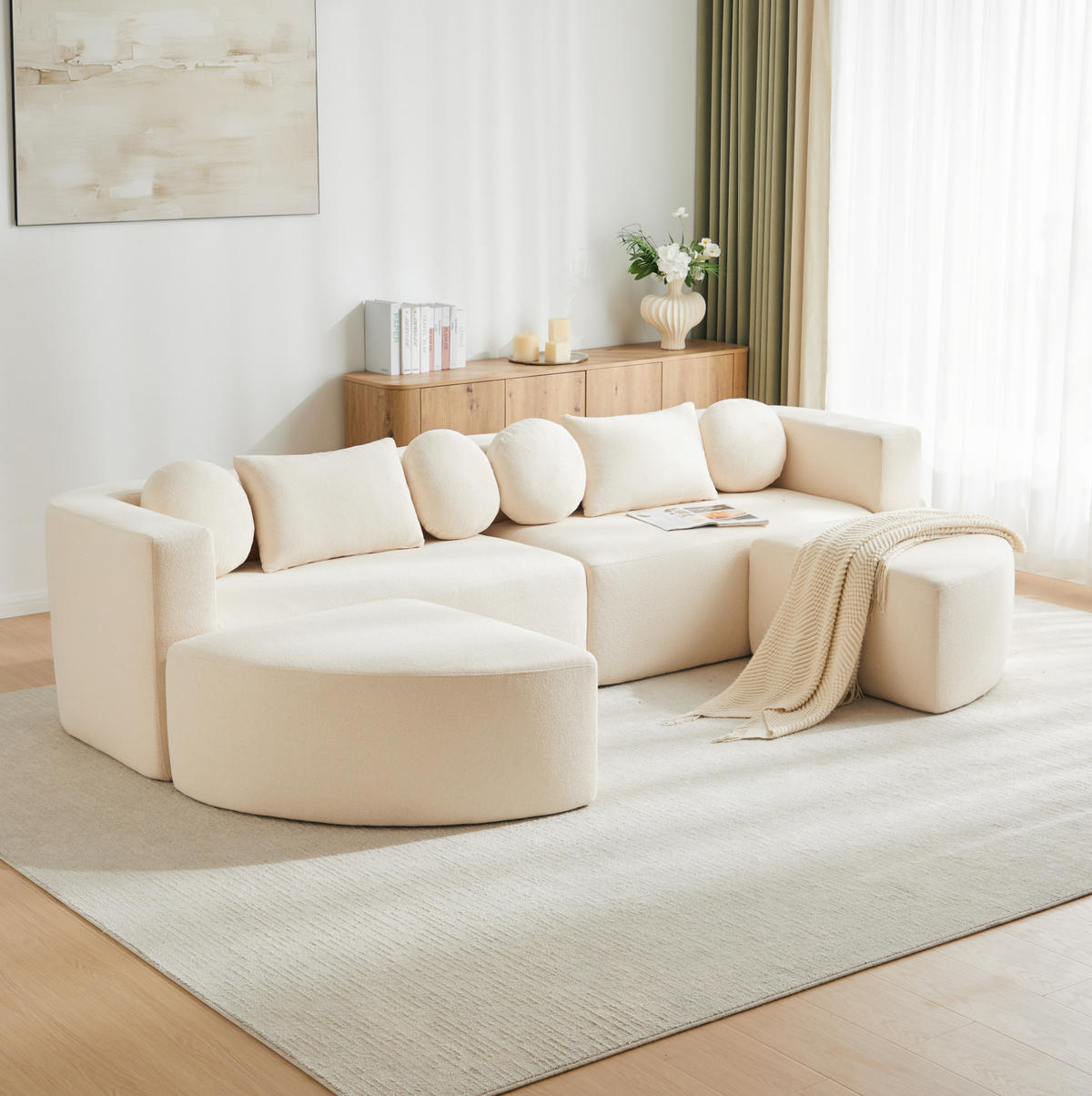 MODULÁRNÍ rozkládací pohovka z chenillu 292x68x165 cm béžová bez montáže s vysokou elasticitou - béžová, textil (292/68/165cm) - Modfu