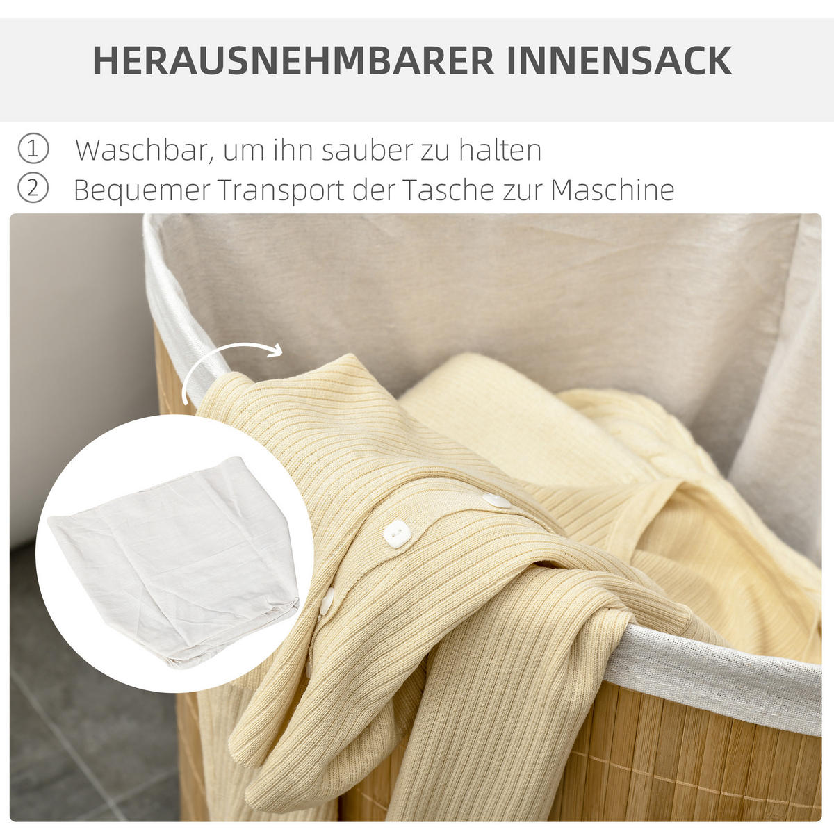 WÄSCHEKORB mit Deckel 55L, Bambus, Natur - Naturfarben, Naturmaterialien (38/57/38cm) - HOMCOM