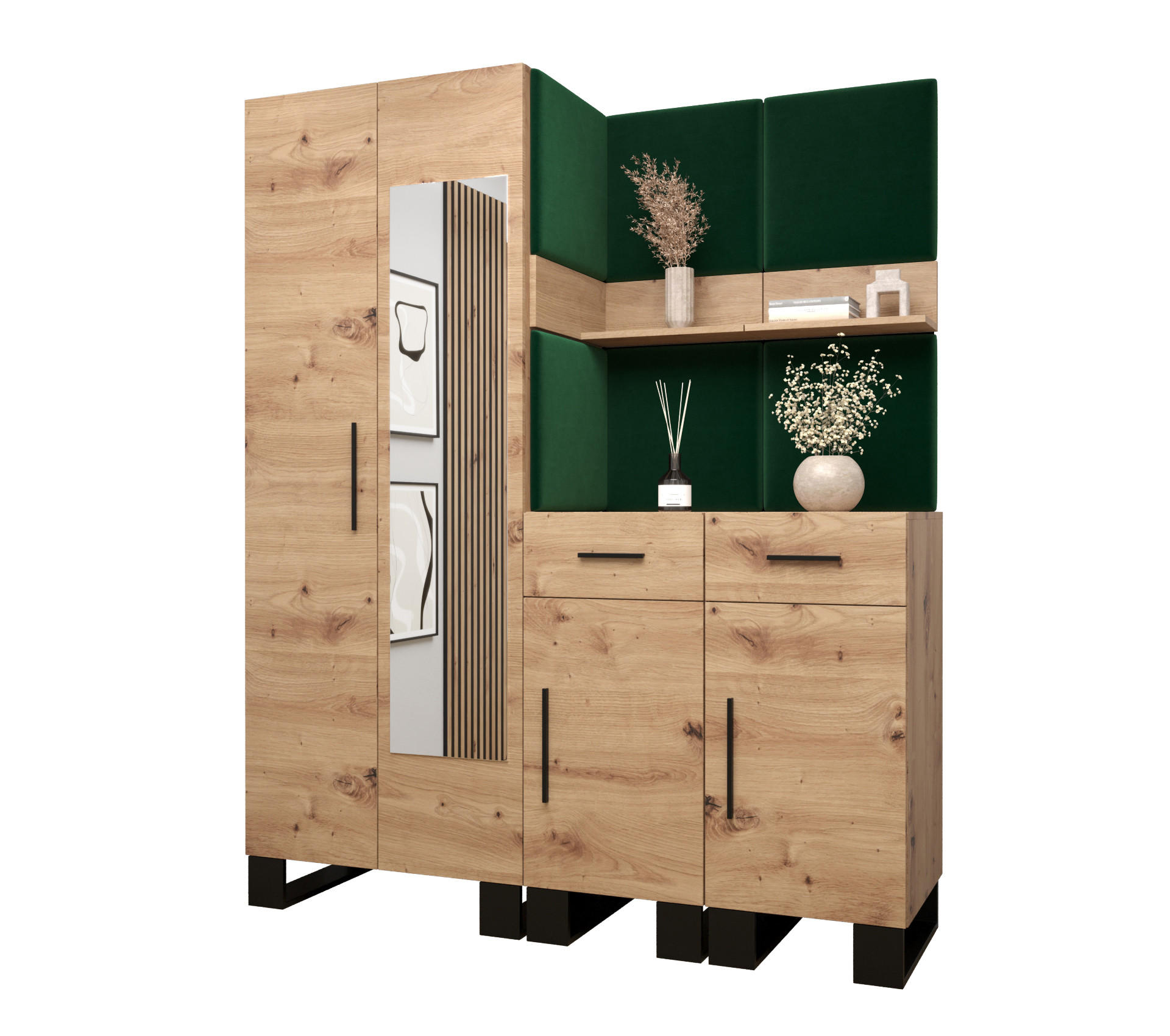 Abiks Möbel Garderoben-Set Eiche Artisan, Waldgrün 158x196x45.6 cm
