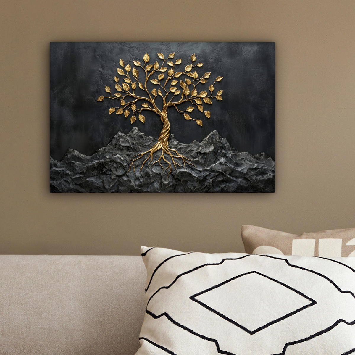LEINWANDBILD Blätter - Gold - Baum - Fels Deko Schlafzimmer 30x20 cm - Schwarz, Textil (30/20cm) - MuchoWow