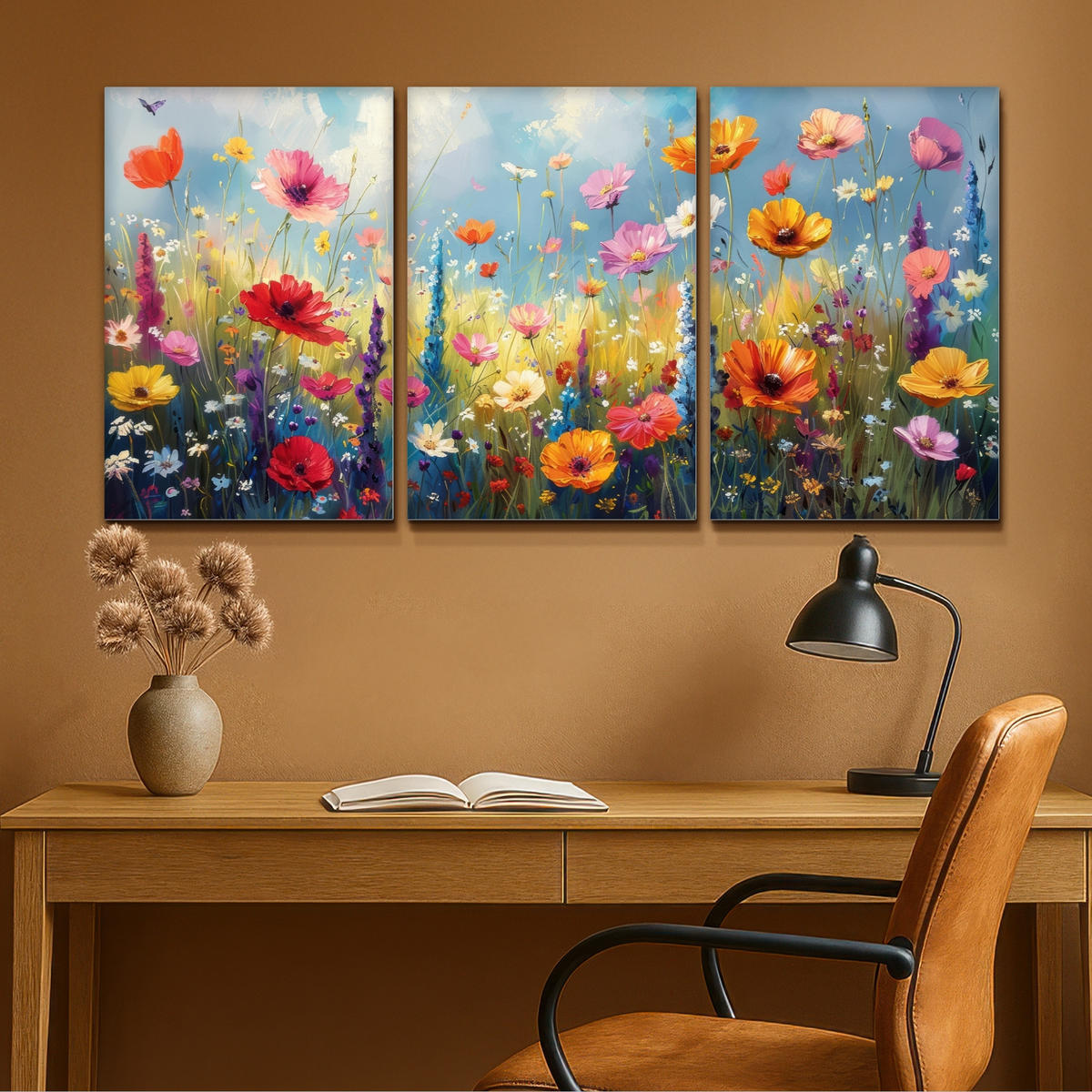 LEINWANDBILD 3er Set Blumen - Frühling - Farbenfroh - Sommerlich 120x60 cm - Orange, Textil (120/60cm) - MuchoWow
