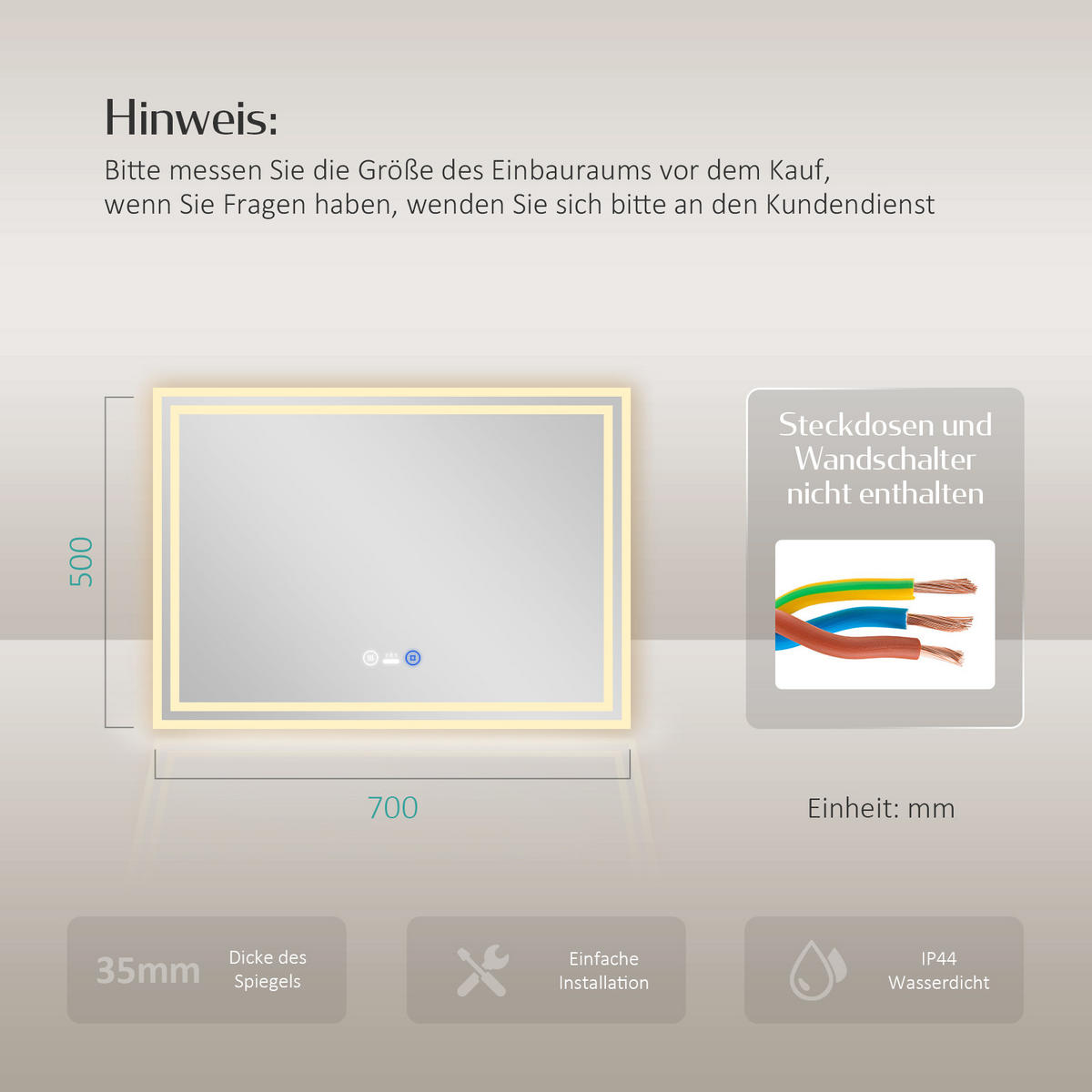 BADSPIEGEL mit Beleuchtung mit Bewegungssensor, 70/50/3,5 cm - Weiß, Glas (50/3.5/70cm) - EMKE