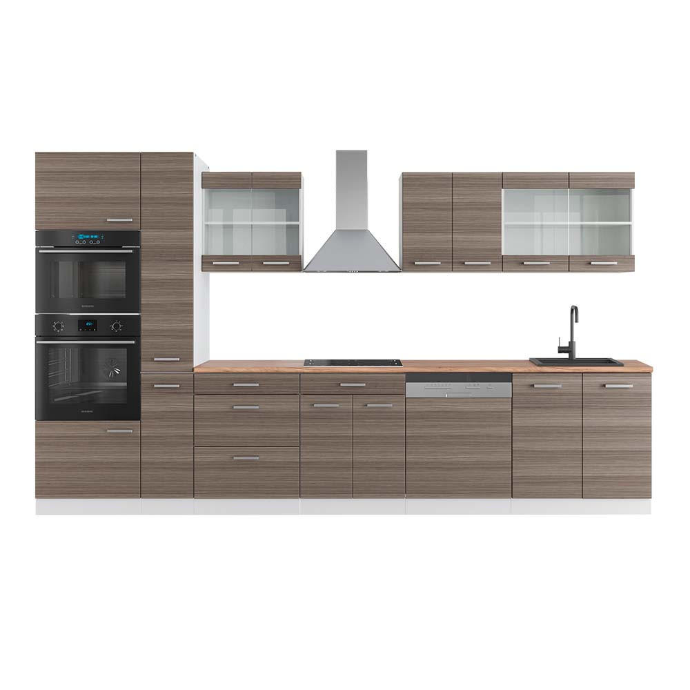 KÜCHENZEILE R-Line Edelgrau/Weiß 350 cm mit Hochschrank, AP Eiche - Braun/Weiß, Holzwerkstoff (350/81.6/60cm) - Vicco