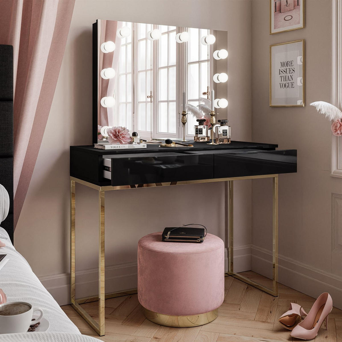 SCHMINKTISCH BLANCO ELITE mit Spiegel und Beleuchtung Gold Chrom Schwarz Hochglanz PUSH OPEN - Schwarz Hochglanz, Holzwerkstoff (100/146/42cm) - Lookway