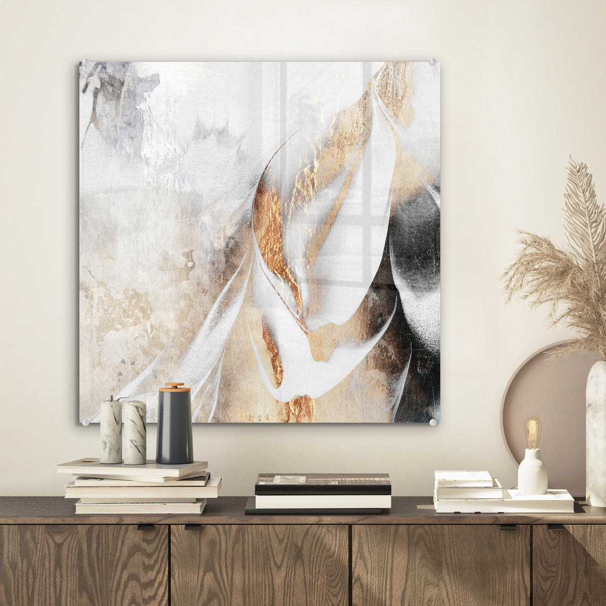 OBRAZ NA AKRYLOVOM SKLE Luxusné - abstraktné - zlaté - biele 50x50 cm - zlatá, sklo (50/50cm) - MuchoWow