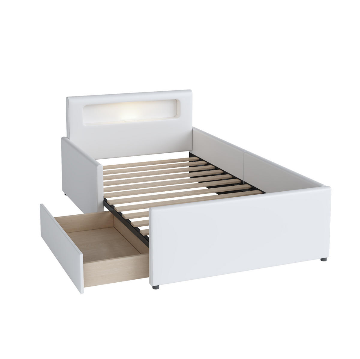 POLSTERBETT 90/200 cm Weiß mit LED-Beleuchtung, USB-Anschluss und Schublade - Weiß, Textil (90/200cm) - Flora Grace