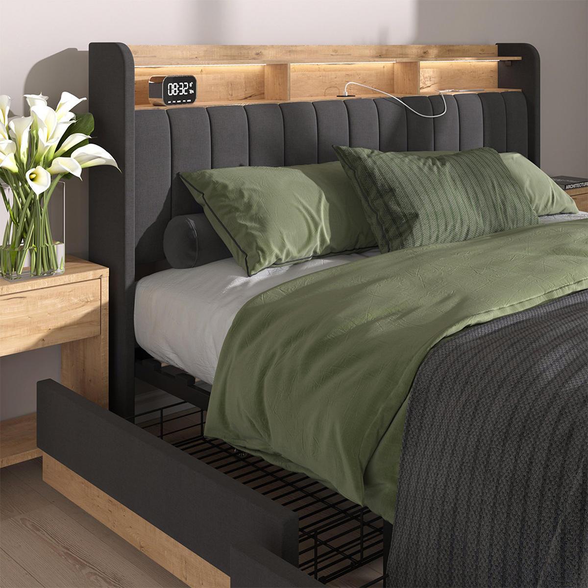 ČALOUNĚNÁ POSTEL Nura Antracit - antracitová/barva dubu, kompozitní dřevo - VitaliSpa