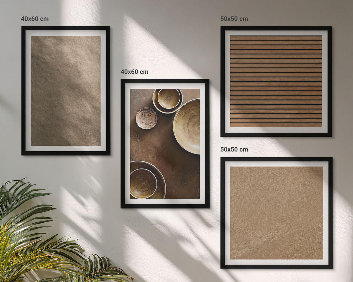 BILDER SET 4er Set - 50x50 cm & 40x60 cm Schwarzer Rahmen - Moderne Steinstrukturen - Schwarz, Kunststoff (50/50cm) - TULUP