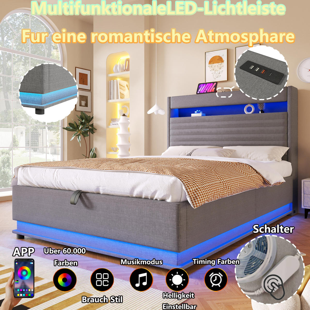 POLSTERBETT 90/200 cm mit LED-Beleuchtung, USB- und Typ-C-Anschluss, hydraulischem Stauraum und Ablage, Grau - Grau, Textil (90/200cm) - Redom