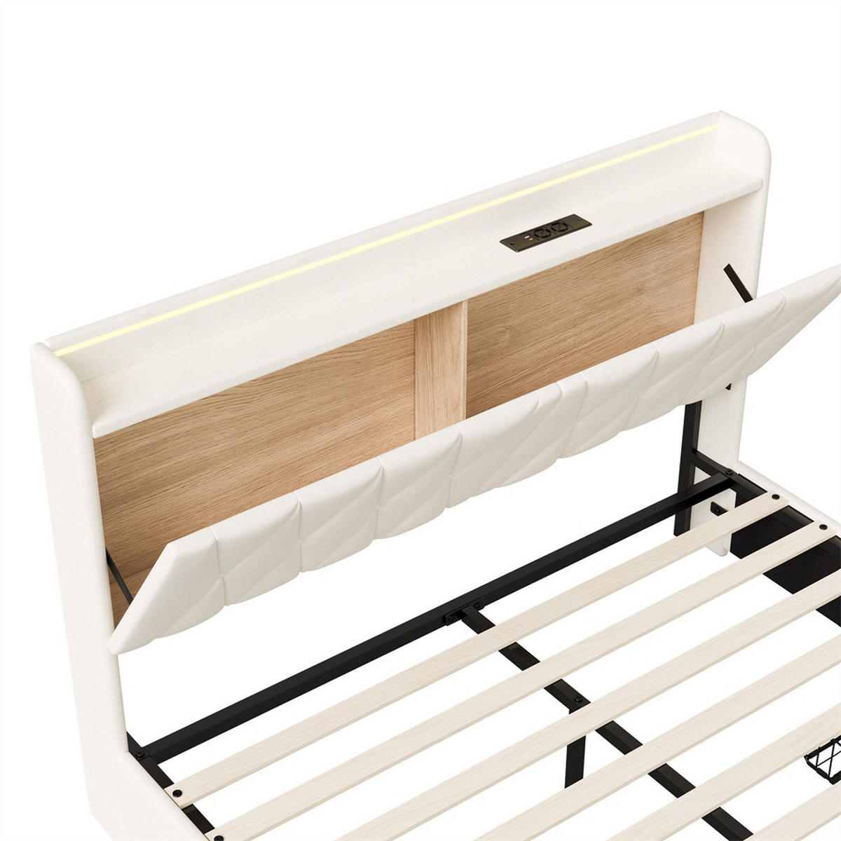 POLSTERBETT 140x200 cm mit aufklappbarem Stauraumkopfteil - 3 Schubladen und LED-Beleuchtung - ohne Matratze - Beige - Beige, Textil (140/200cm) - DELFA
