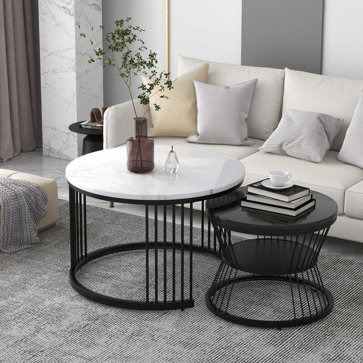 COUCHTISCH Nesting Set 2-tlg Hochglanz Marmoroptik Schwarz Rahmen Rund - Schwarz, Holz (79/76/17cm) - FLIEKS