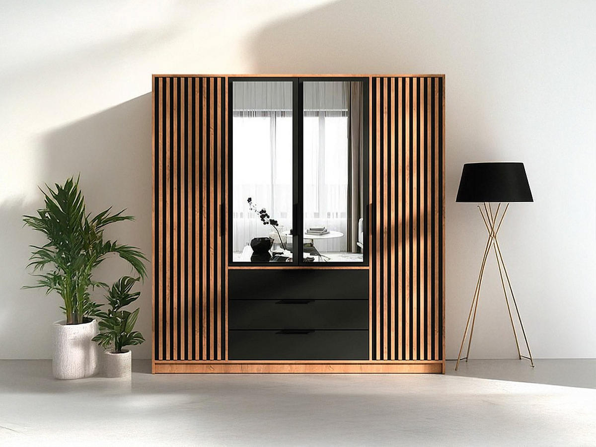 KLEIDERSCHRANK - 196 cm x 58 cm - Holz, Platte - Schwarz, Naturfarben Hell LIRMADA - Schwarz/Naturfarben, Holz (196/200/58cm) - Vente-Unique