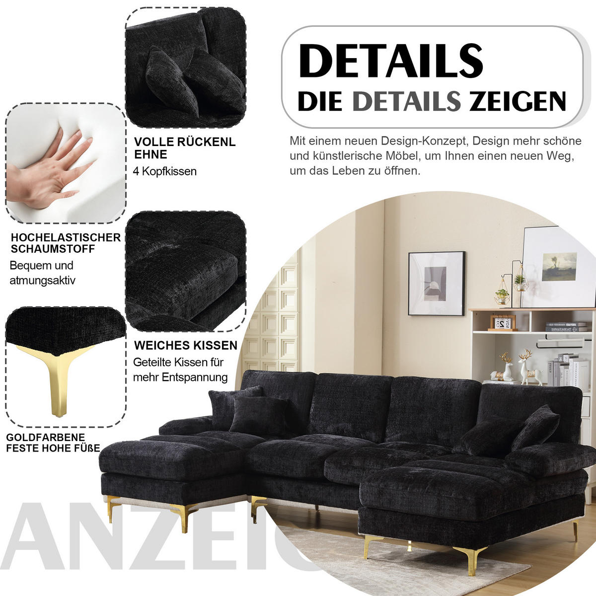 U-FORM Wohnlandschaft Chenille mit 2 Liegeflächen 272/136/88 cm Schwarz - Schwarz, Textil/Metall (136/88/272cm) - Redom