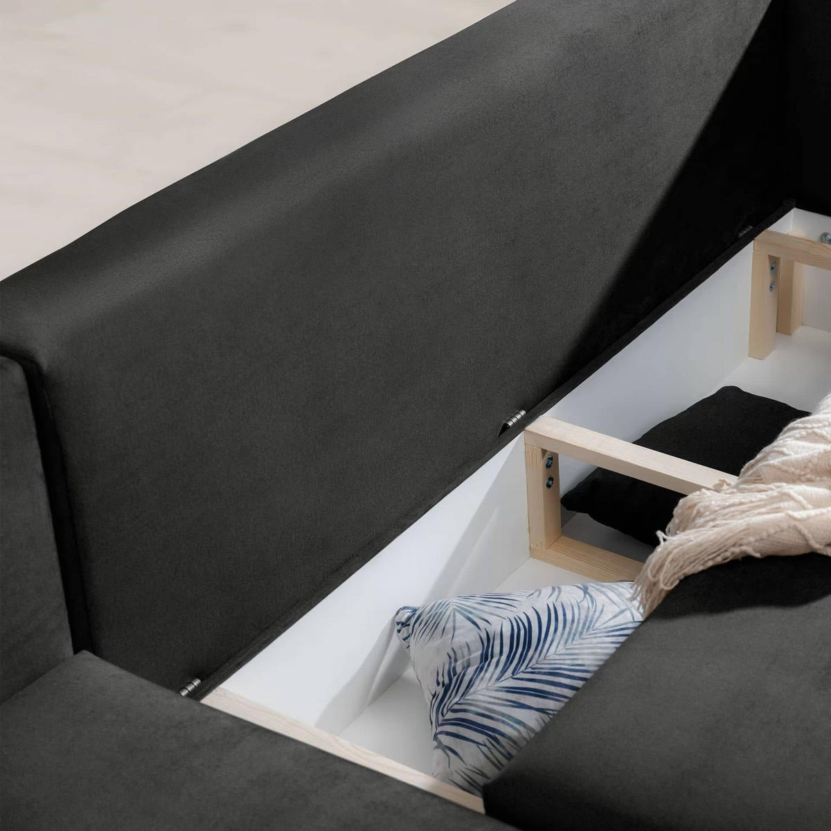 ECKSOFA mit Schlaffunktion und Bettkasten, Loco-Stoff - Dunkelgrau/Schwarz, Textil/Metall (289/190cm) - Eltap