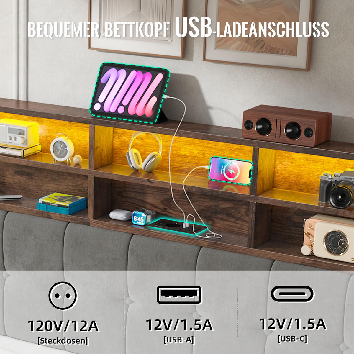 POLSTERBETT 180/200 cm Dunkelgrau mit 6 Fächer, Seitentaschen, USB-C und LED - Dunkelgrau, Textil (180/200cm) - Oxeza