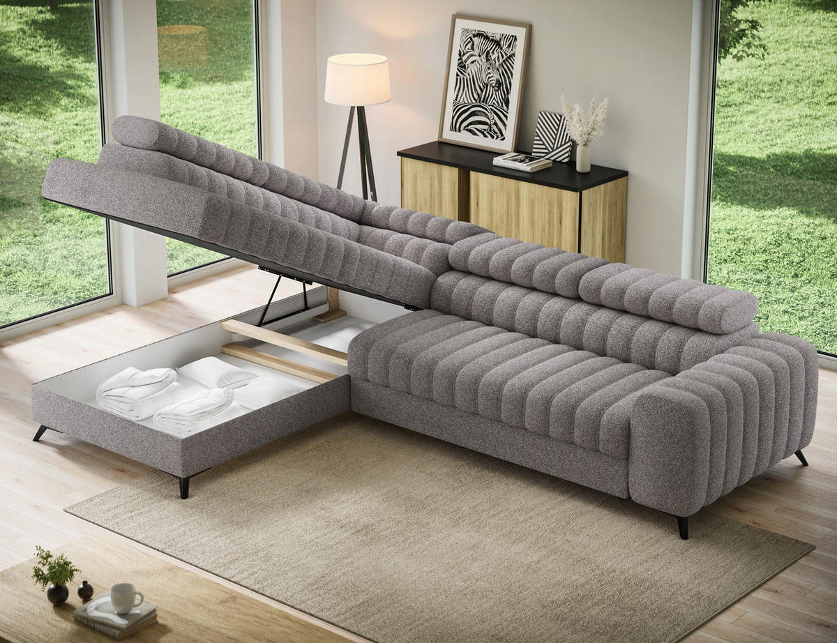 KANEDO Ecksofa mit Schlaffunktion und Bettkasten – Modernes Designsofa, verstellbare Kopfstützen, Metallfüße - Grau, Kunststoff (269/86cm) - Wohnideebilder