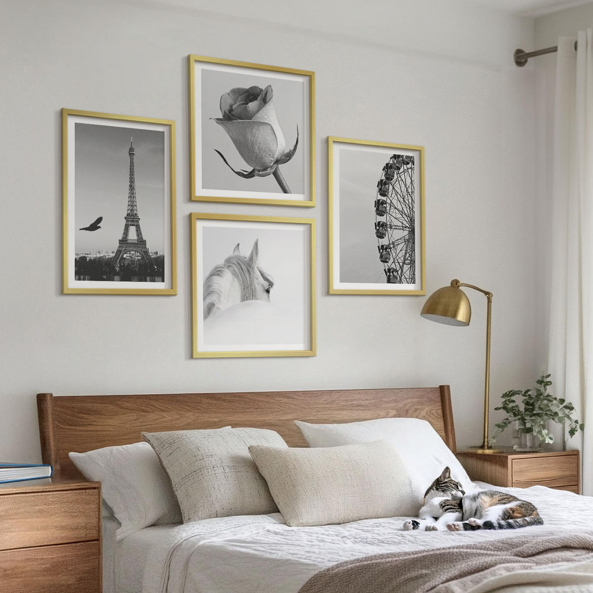 WANDBILDER 4er Set - 50x50 cm & 40x60 cm Goldrahmen - Rose Eiffelturm Pferd Riesenrad S/W - Goldfarben, Kunststoff (50/50cm) - ArtPrintCave