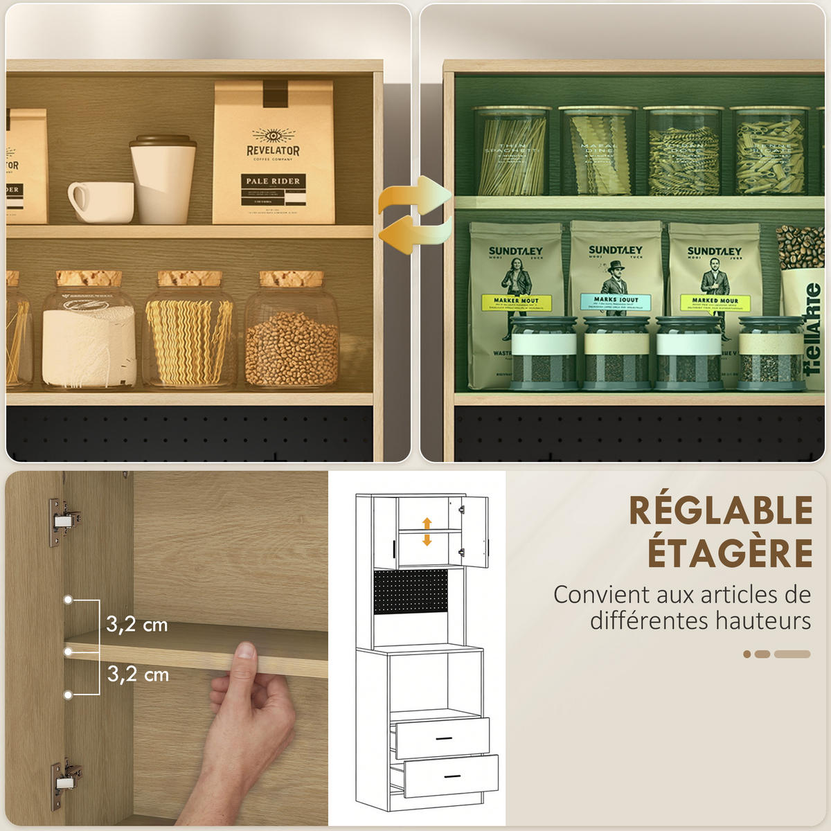 MIKROWELLENUNTERSCHRANK DE-11319 2 Türen, 2 Schubladen Natur - Naturfarben, Holzwerkstoff (40/170/60cm) - ComfortXL