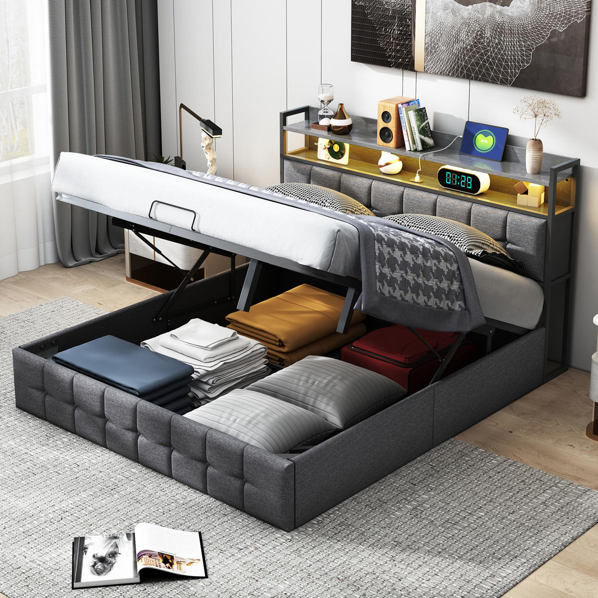BETT mit Bettkasten 140x200 cm mit LED und USB, Polsterbett 140x200, Doppelbett 140x200 mit Stauraum, Lattenrost, Kopfteil, Grau Leinenstoff - Grau, Textil/Metall (140/200cm) - GENKI LIVING