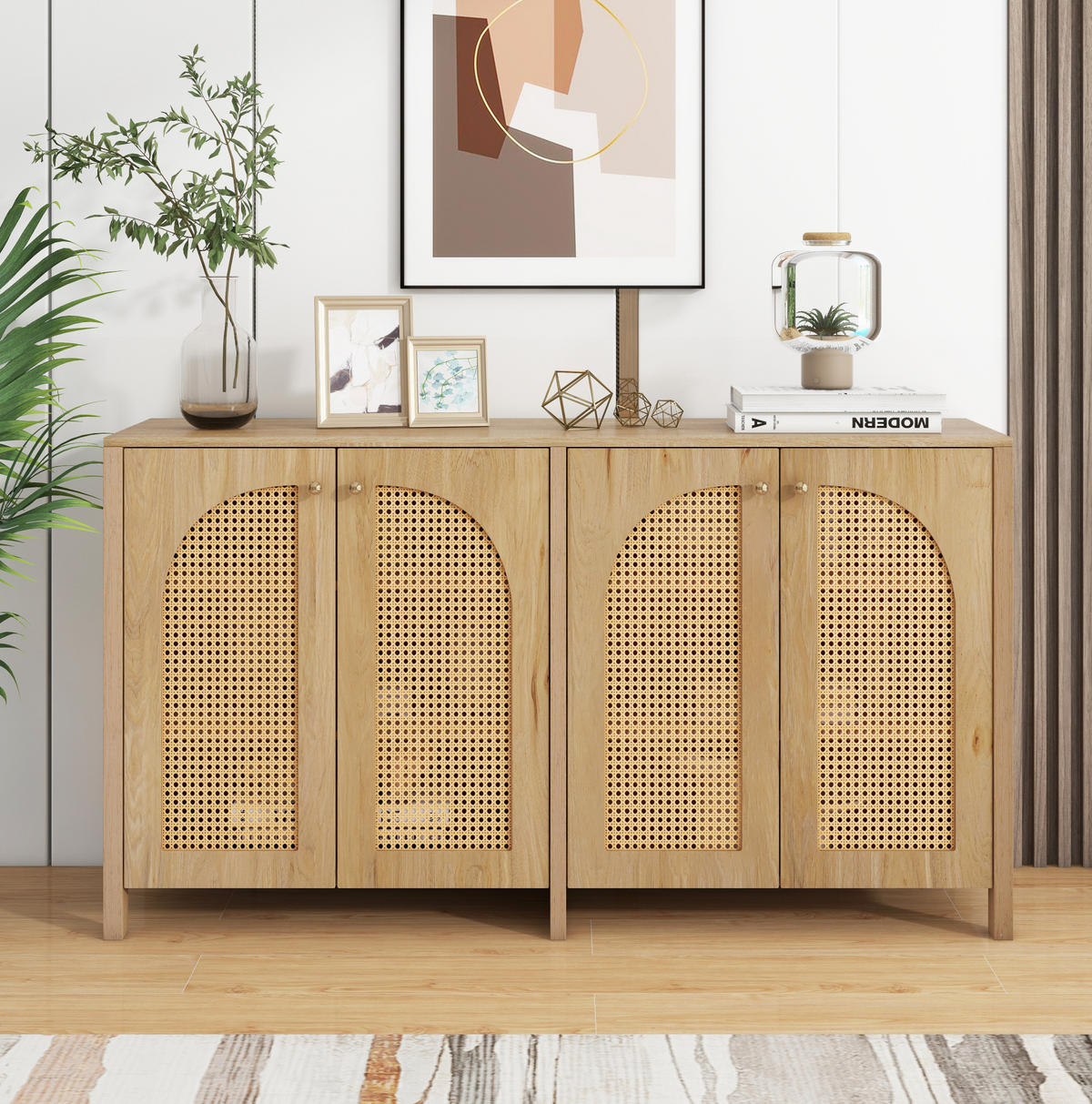SIDEBOARD 145/40/80 cm natur aus MDF mit 4 Rattantüren - Naturfarben, Holzwerkstoff (145/40/80cm) - OKWISH