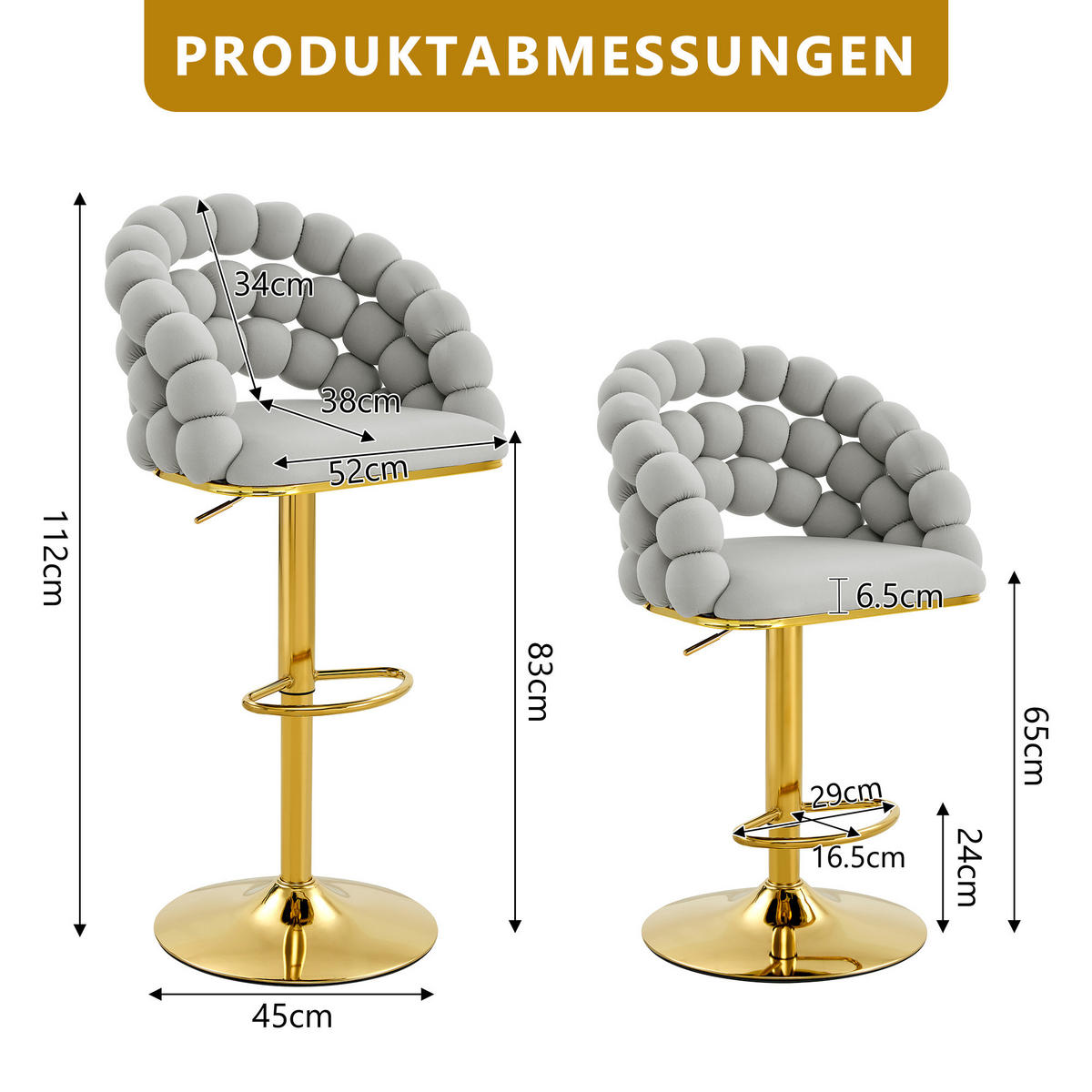 BARHOCKER 2er-Set aus Samt mit Gold-Gestell, Kugelketten-Rückenlehne und höhenverstellbar - Hellgrau, Textil (45/112/52cm) - Urban Meuble