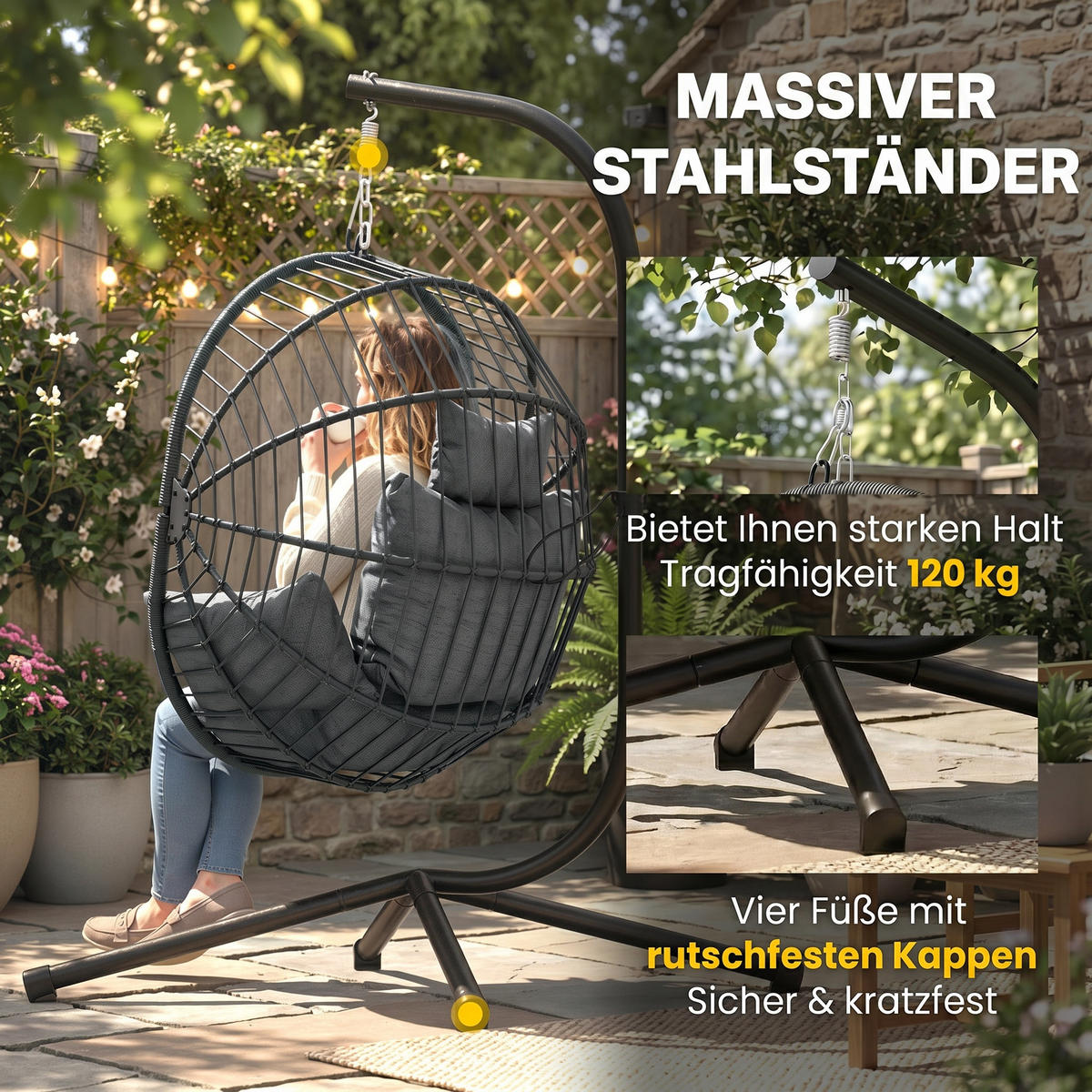 HÄNGESESSEL DE-15293 klappbar mit 22 cm dickem Kissen Grau - Grau, Metall (106/188/115cm) - ComfortXL