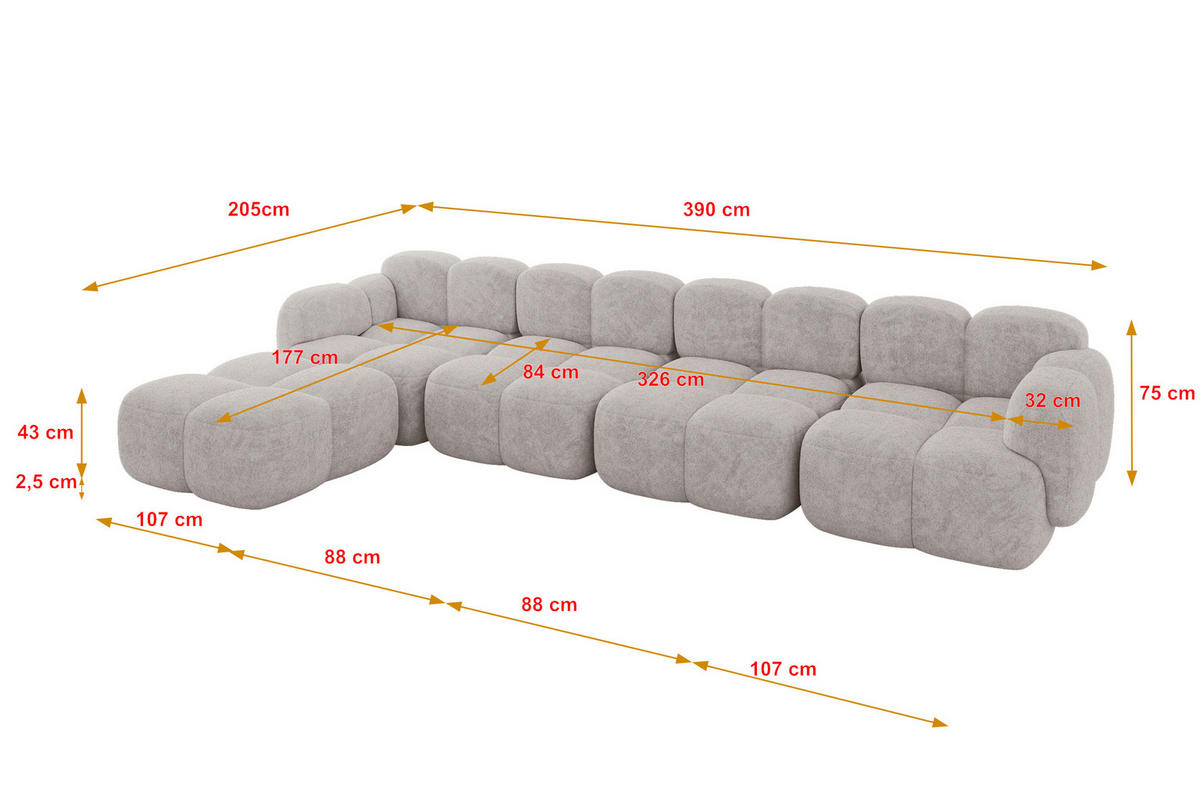 ECKSOFA modulares Sofa Links Miko-L3 390x205x75 Hellgrau Velours - Hellgrau/Schwarz, Holzwerkstoff/Kunststoff (390/205cm) - ALTDECOR