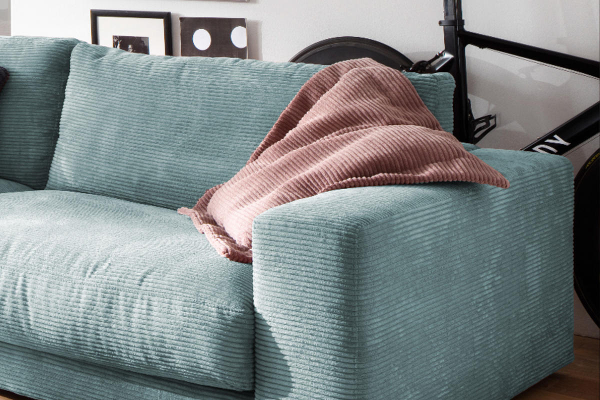 SOFA 3-SITZER MADELINE Hellblau Cord - Schwarz/Hellblau, Textil (290/85/127cm) - KAWOLA