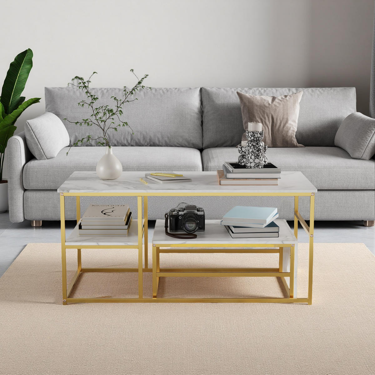 COUCHTISCH 2er Set Rechteckig Marmor Optik - Weiß, Metall (105/52/48.5cm) - SHOPENTRA