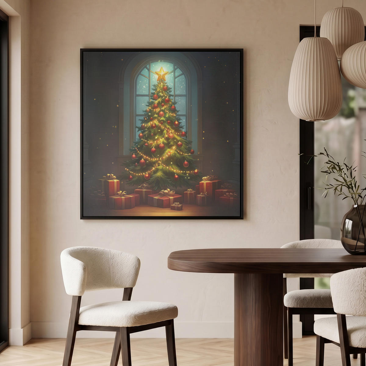 LEINWAND Bilder mit Rahmen - Weihnachtsbaum - Geschenk - Winter - 90x90 - Grün, Textil (90/90cm) - MuchoWow