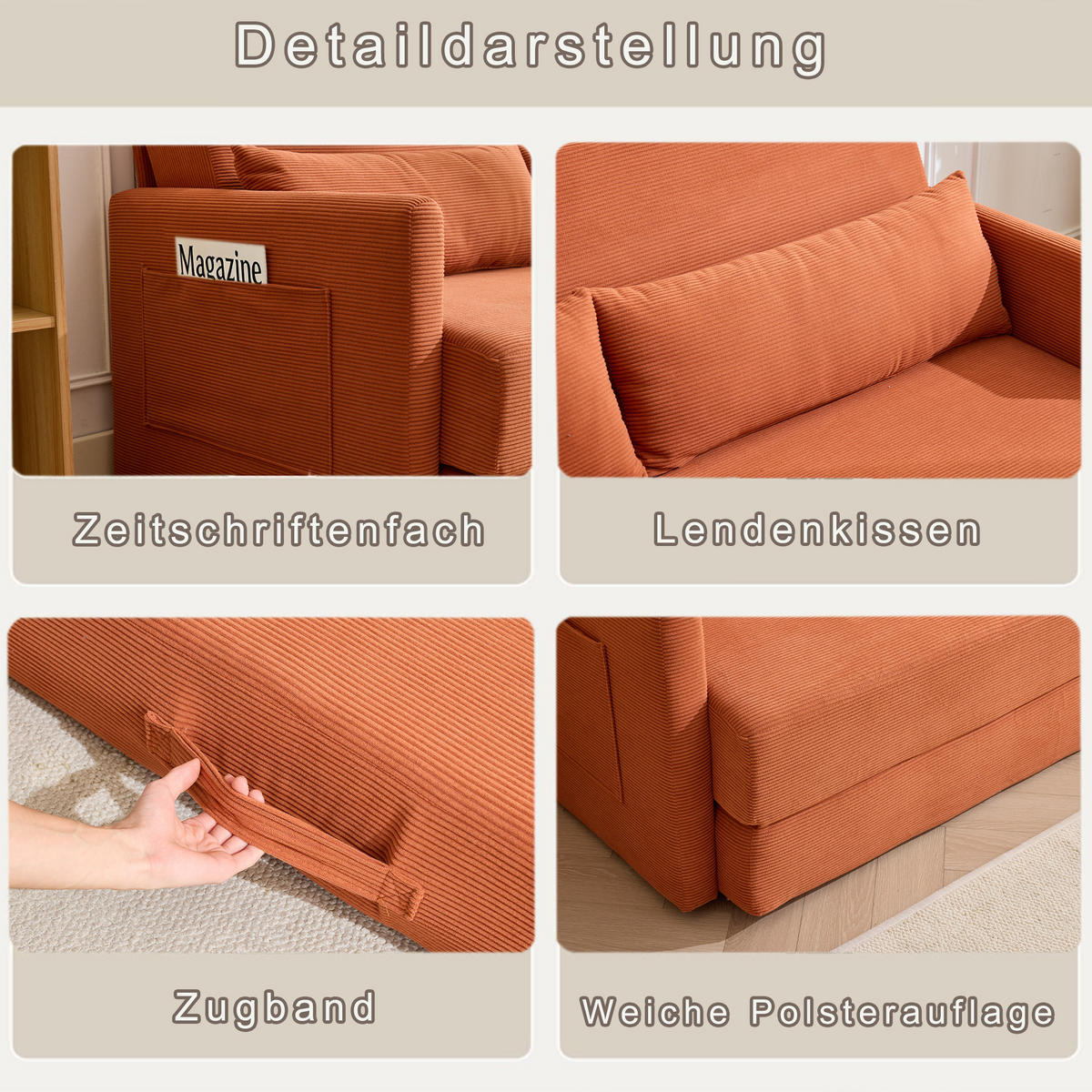 2-SITZER SCHLAFSOFA Cord Orange mit 2 Lendenkissen und 2 Magazintaschen - Orange, Holzwerkstoff/Textil (165/67/212cm) - WISHDOR