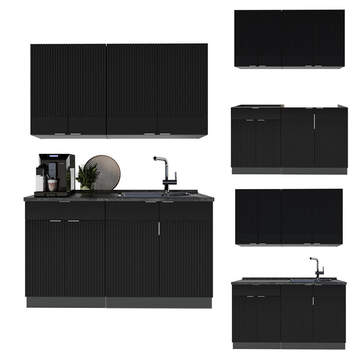 SINGLEKÜCHE Fame-Line, Schwarz gestreift/Anthrazit, 140 cm ohne Arbeitsplatte - Anthrazit/Schwarz, Holzwerkstoff (140/81.6/46cm) - Vicco