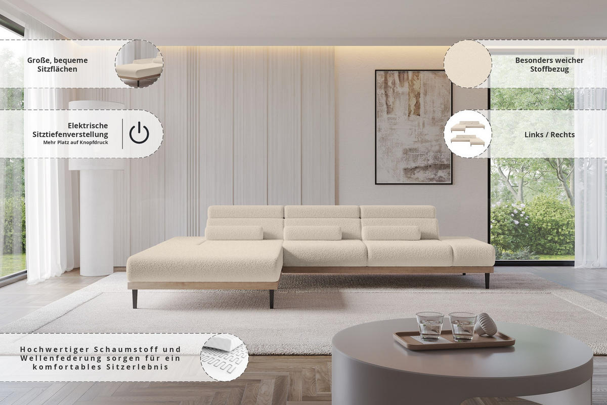 ELEKTRISCHES ECKSOFA Links MONA 316x205x85 Dunkelbeige Bouclé - Cappuccino, Holzwerkstoff/Textil (316/205cm) - ALTDECOR