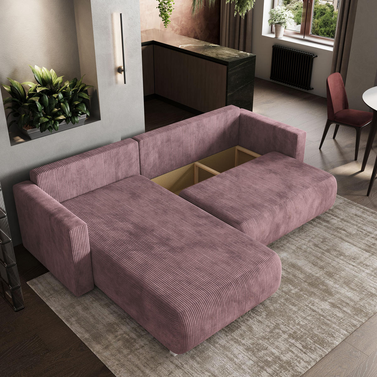 ECKSOFA TURIN P Lila Kordstoff mit Schlaffunktion - Lila, Holz (265/183cm) - MASSENO