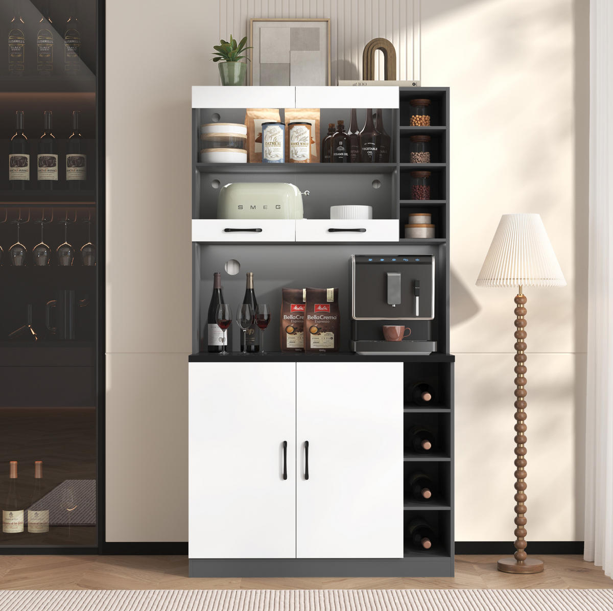 KÜCHENSCHRANK mit LED 100 x 47 x 187 cm MDF Weiß/Grau 3-türig - Weiß, Holzwerkstoff (47/187/100cm) - Meubliv