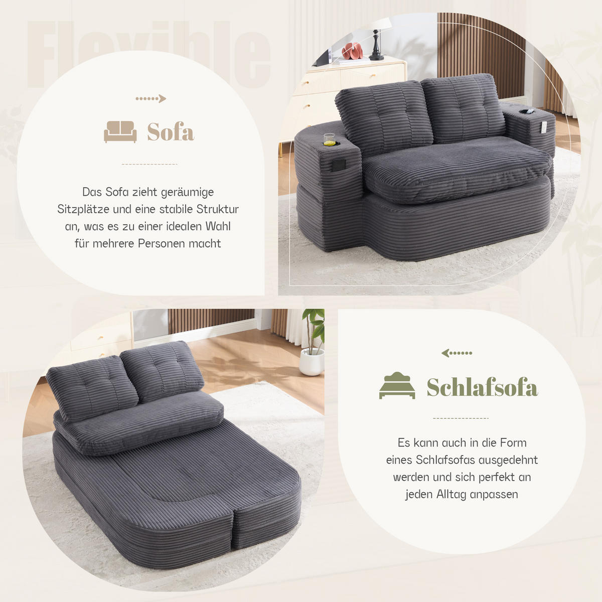 SOFA 2-in-1 mit Liegefunktion und Getränkehaltern aus Cord Dunkelgrau - Dunkelgrau, Textil (165/61/97cm) - EVRYAE