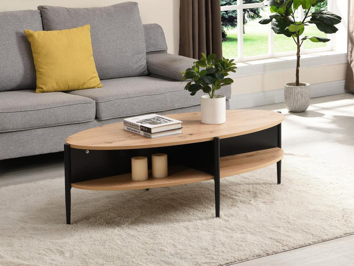 COUCHTISCH mit 4 Ablagefächern - MDF & Metall - Holzfarben hell & Schwarz - EVARO - Hellbraun/Schwarz, Holz (125/65/39cm) - Vente-Unique