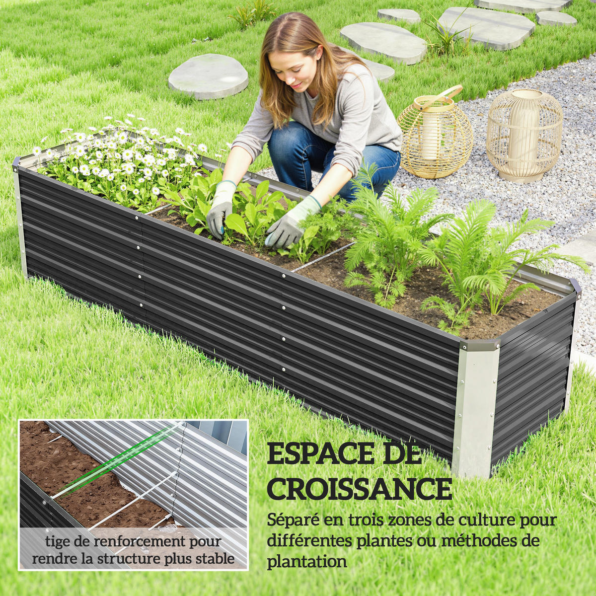 HOCHBEET DE-12321 183/47/40 cm mit offenem Boden Grau - Grau, Metall (183/40/47cm) - ComfortXL