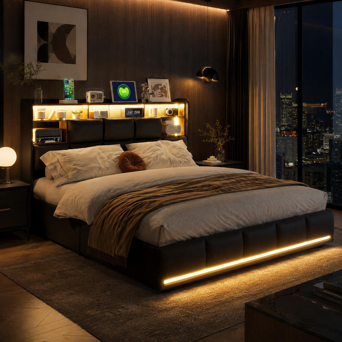 POLSTERBETT 140/190 mit Warmton-LED-Beleuchtung, multifunktionalem Stauraumkopfteil und Lade-USB, Schlafzimmer Polsterbett - Schwarz, Holz/Metall (140/190cm) - Joyfair
