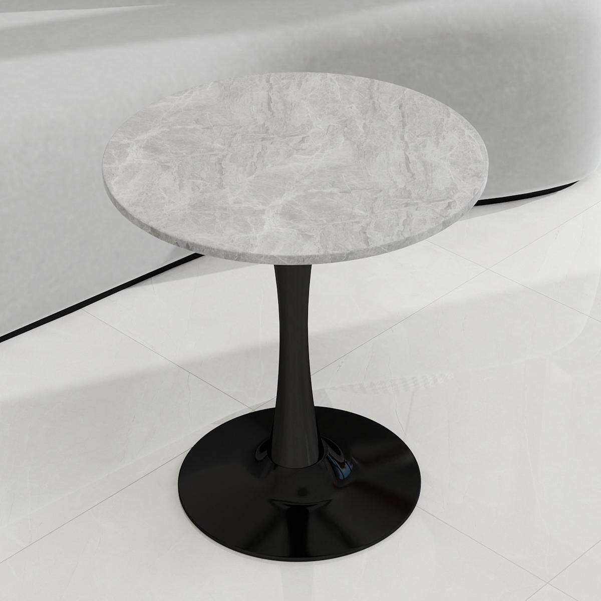 COUCHTISCH 70/70/72 cm Schwarz Grau mit runder Kunstmarmor-Platte im minimalistischen Design - Grau, Stein (70/70/72cm) - OKWISH